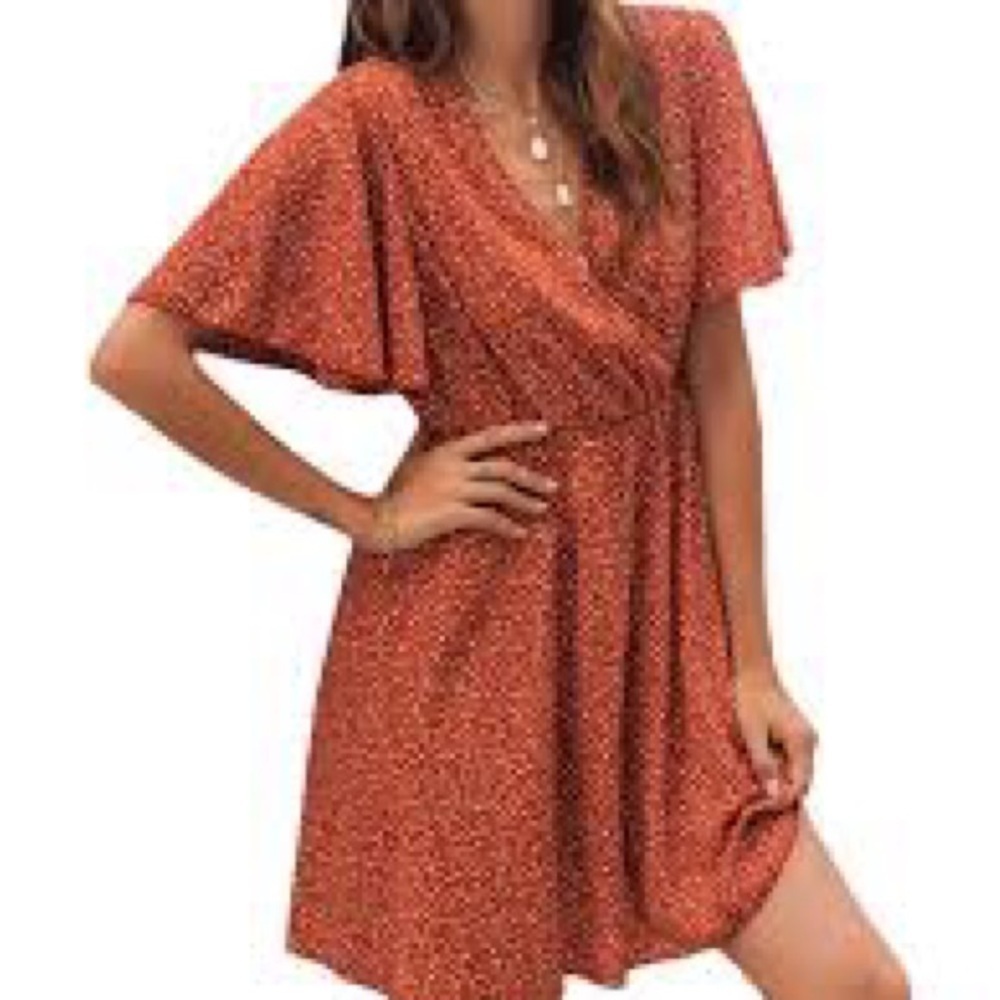 flirty women's cinnamon polkadot v neck dress - Picture 3 of 5